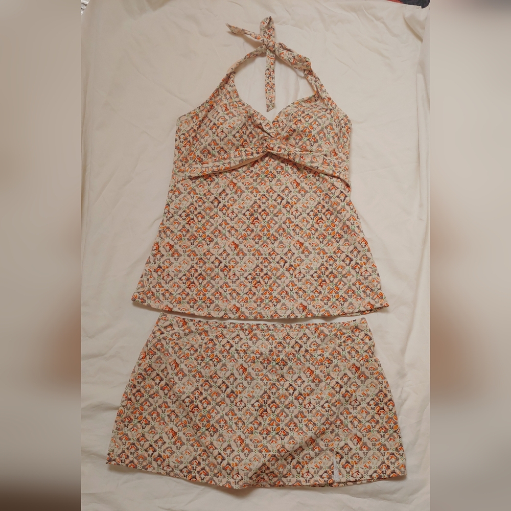 Garnet Hill Signature Twist Front Tankini Top Swim Skirt 10 Multi Orange Pattern